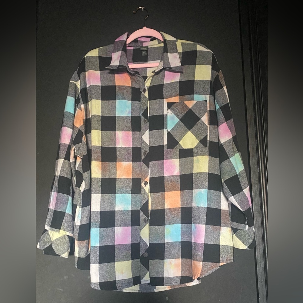 WILD FABLE Rainbow Flannel Black Plaid Button-Down Shirt with Pastel Accents XXL